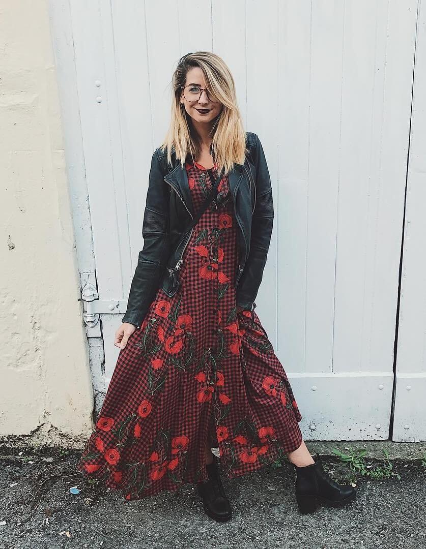 Zoe Sugg In a Red  Floral Print Long Dress With a Jacket