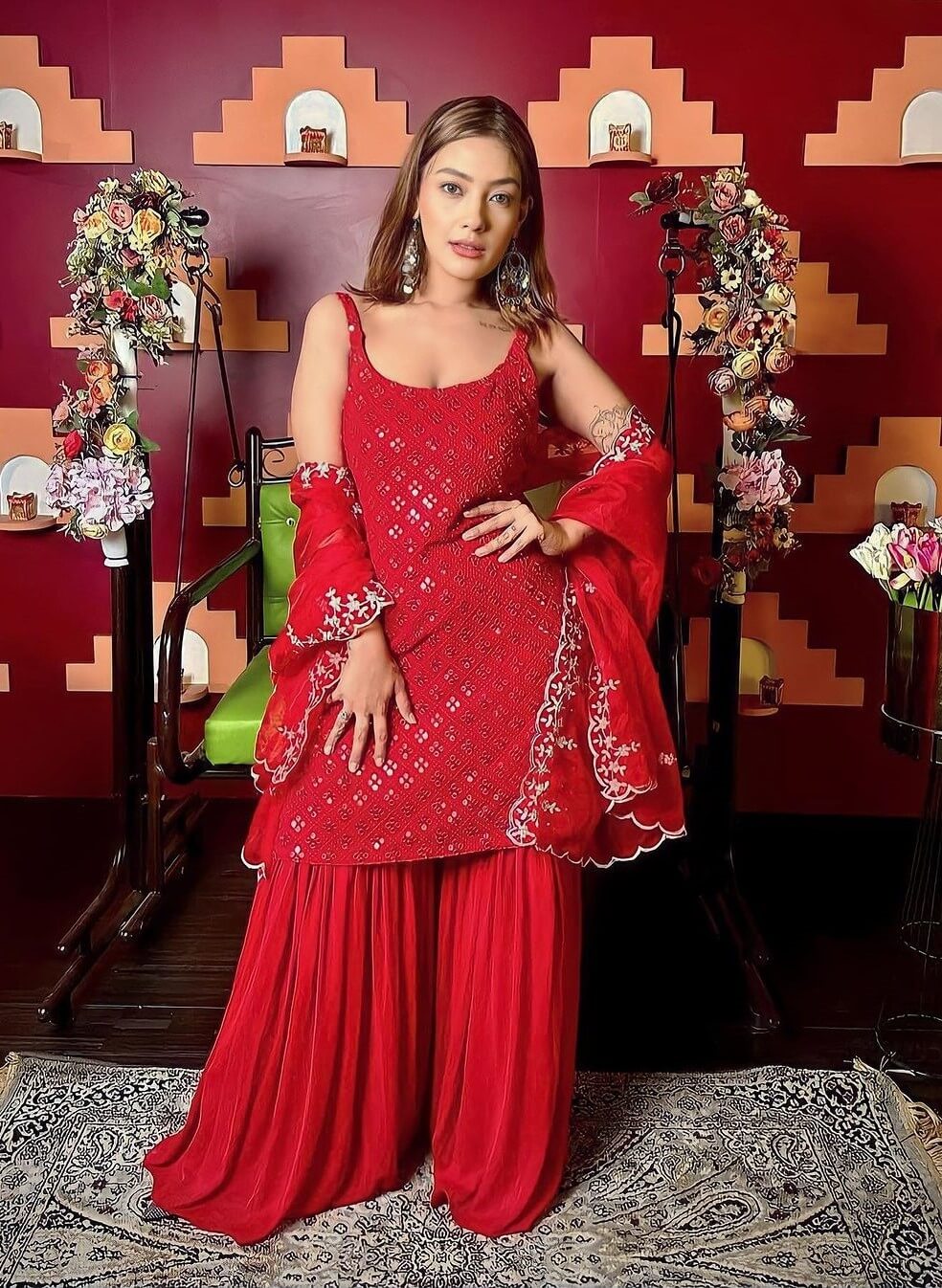 Aashika Bhatia In Red Shimmery Sharara Suit