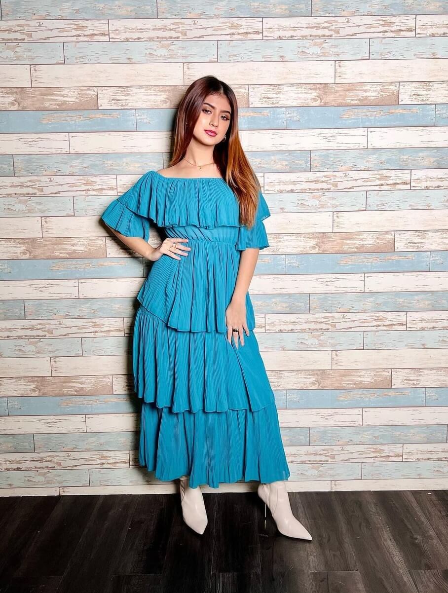 Arishfa Khan In Blue Frill Long Dress