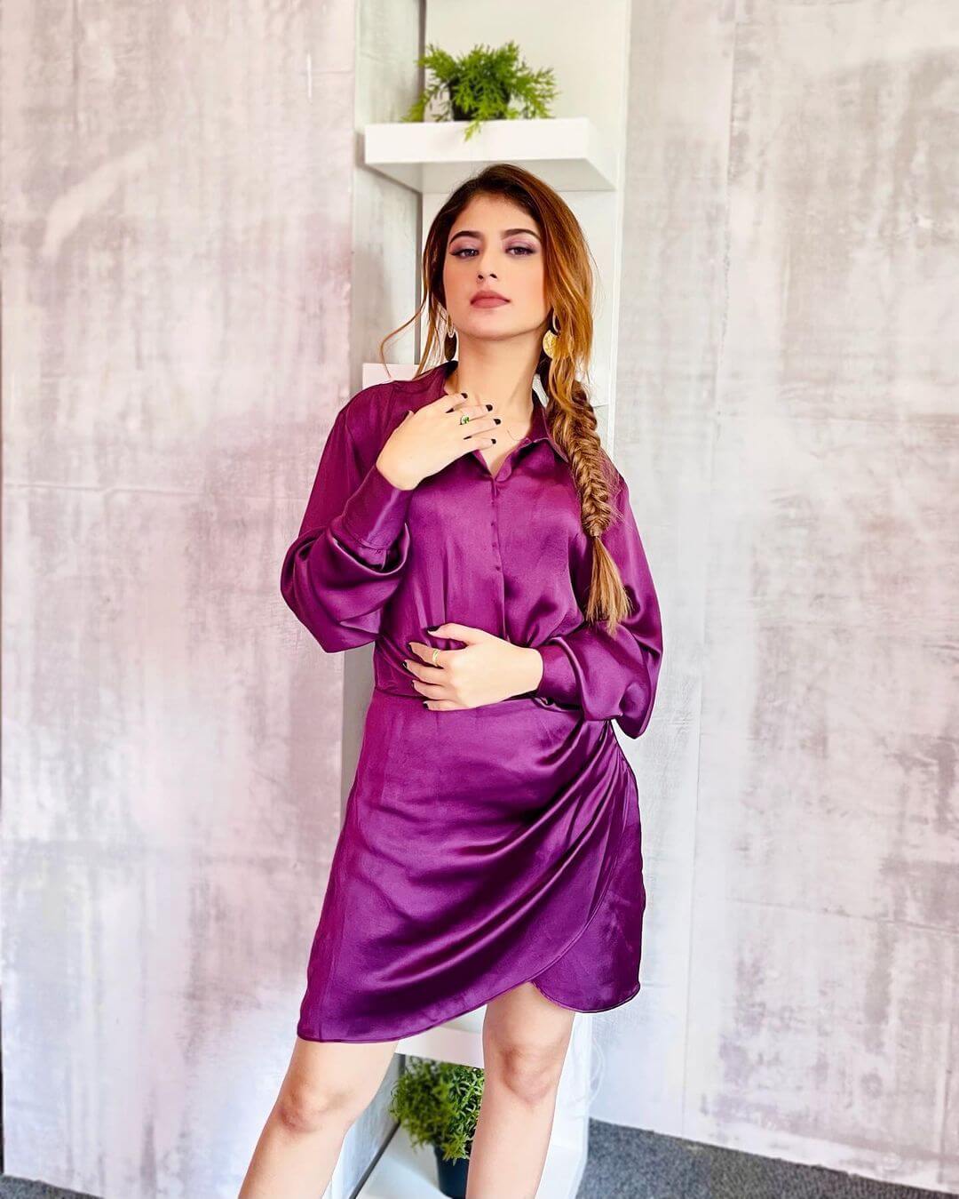 Arishfa Khan In Purple Satin Short Dress