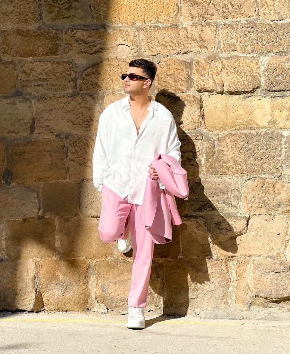 Awez Darbar In Pink Blazer And Pants With White Shirt