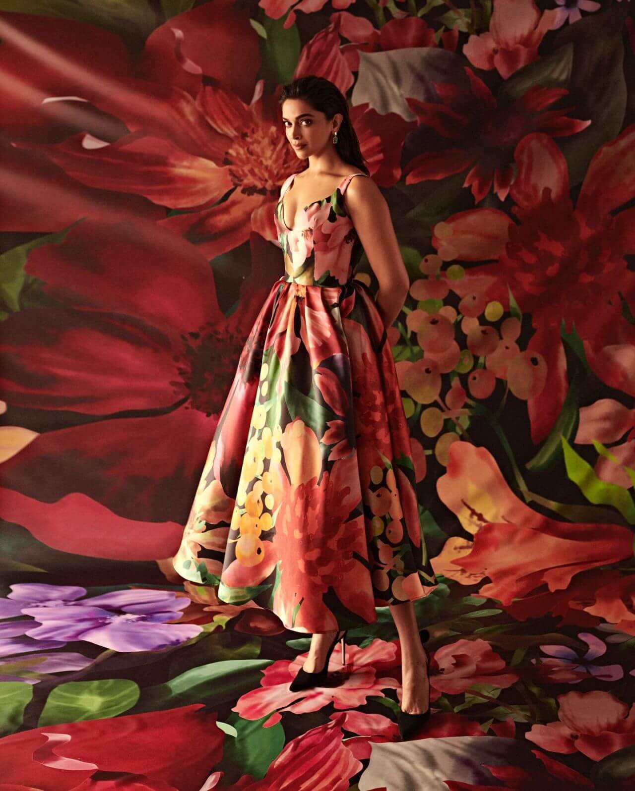 Deepika Padukone In Floral Print Pleated Long Dress