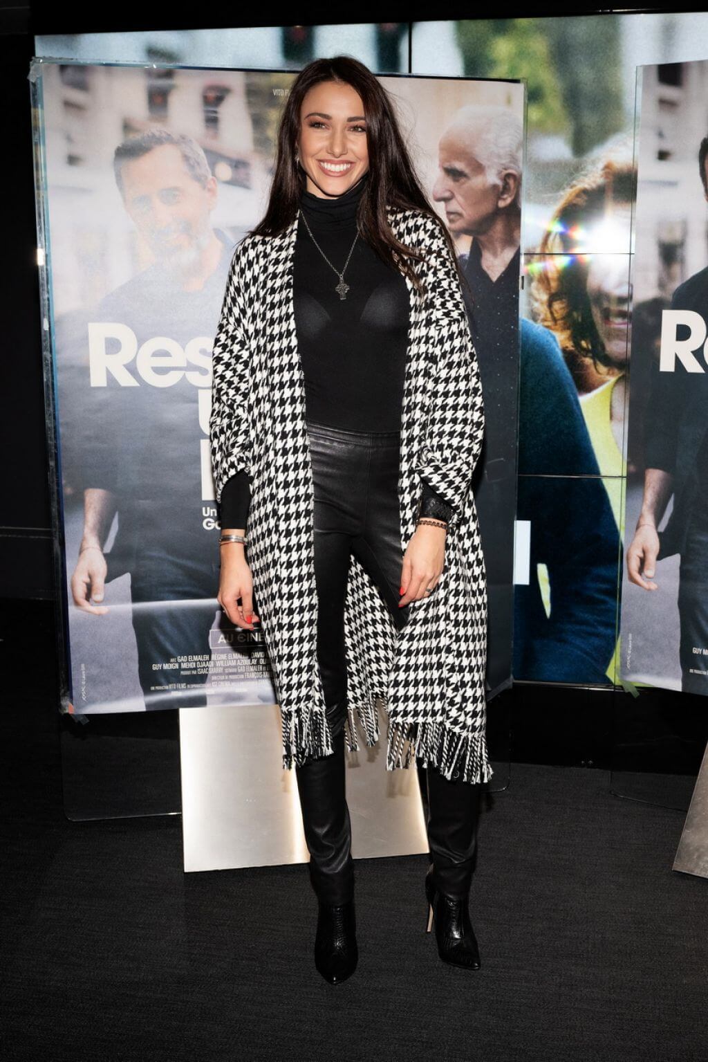Delphine Wespiser In Black Leather Outfit With Checked Shrug