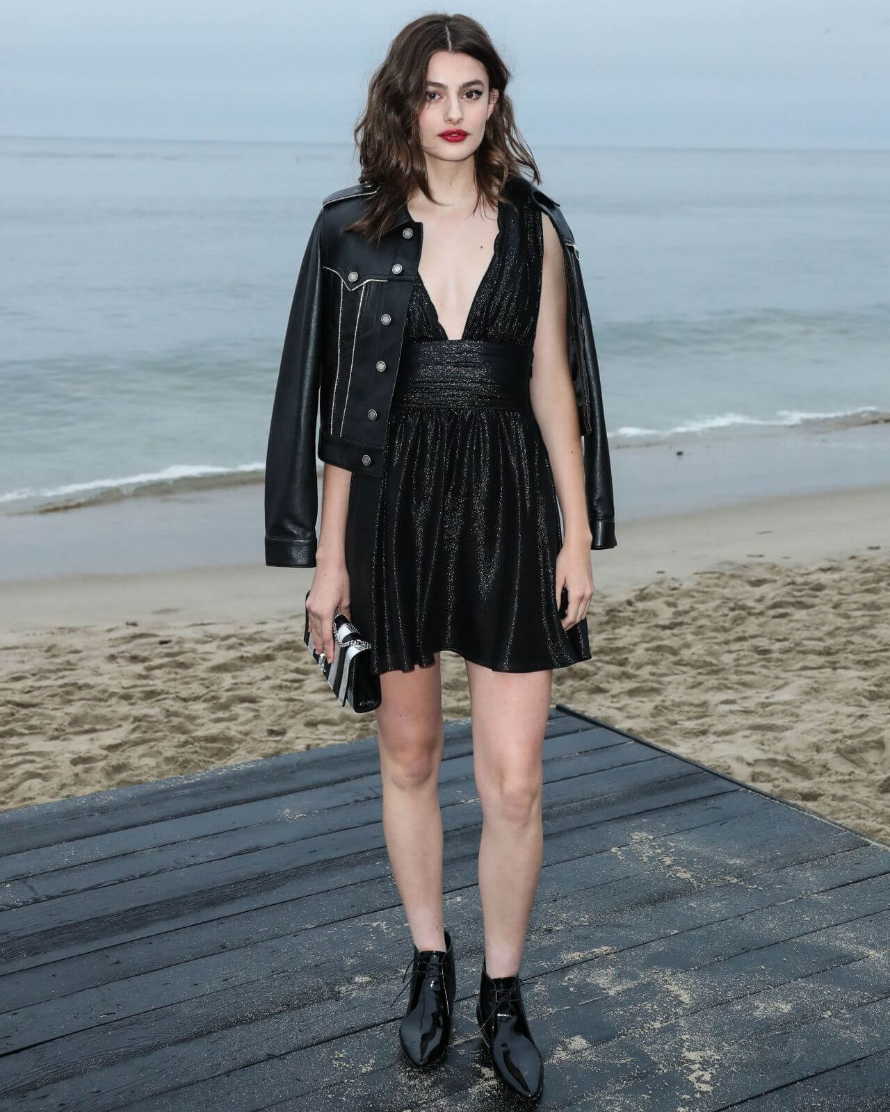 Diana Silvers In Black Shimmery Neckline Short Dress With Jacket