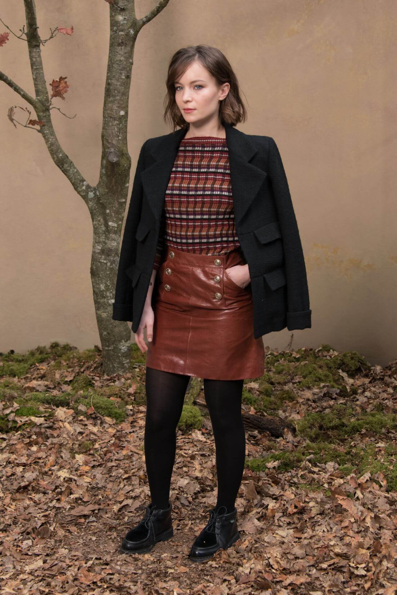Diane Rouxel  In Woven Top and Leather Mini Skirt With Blazer