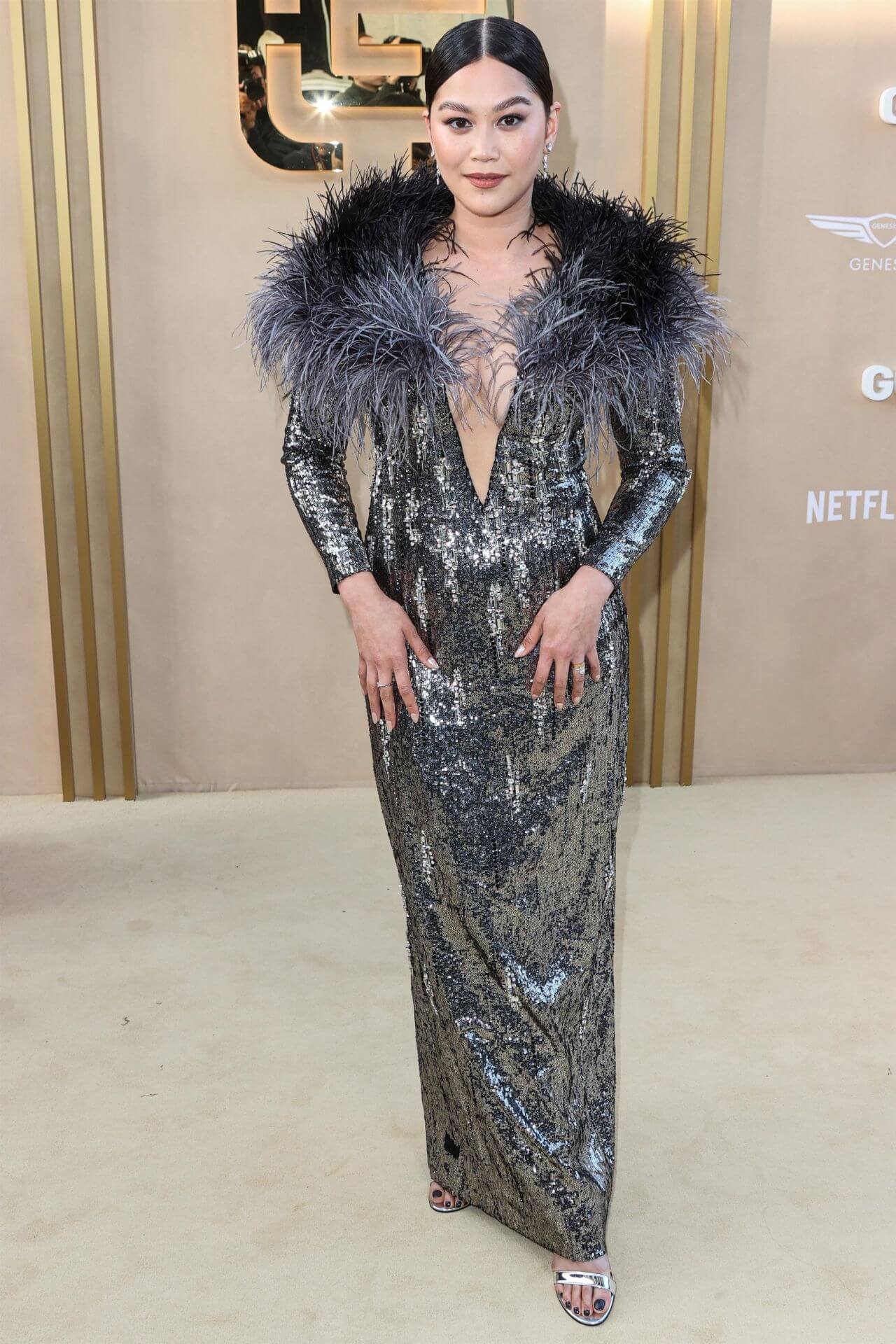 Dianne Doan In Grey Shimmery Feather Style Long Dress
