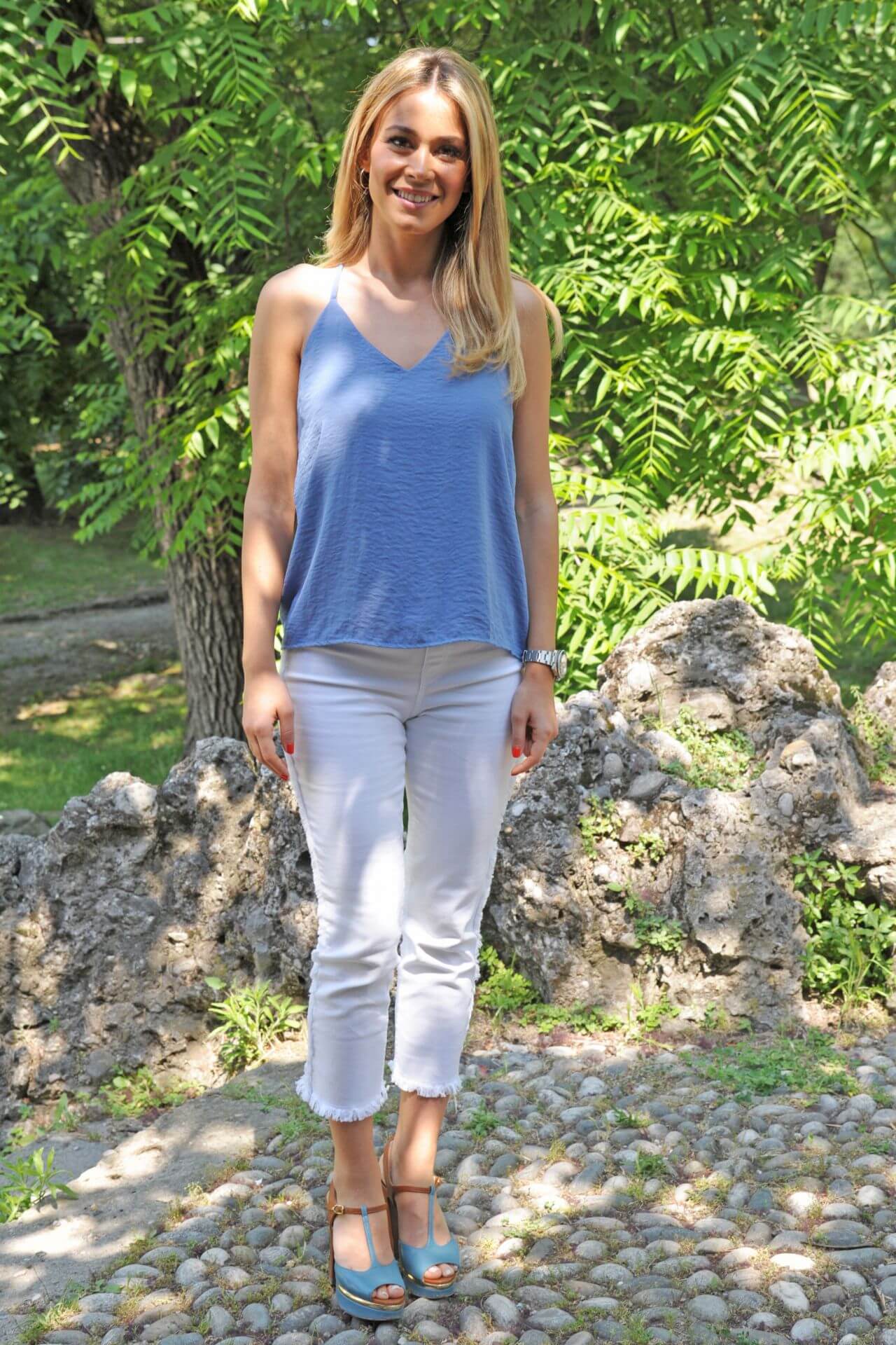 Diletta Leotta In Blue Top With White Jeans