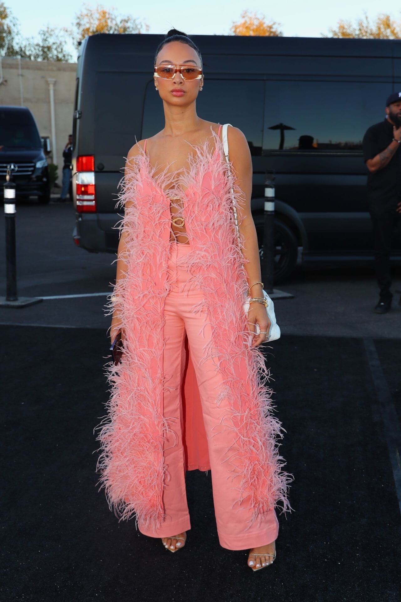 Draya Michele In Peach Fringing Long Shrug With Matching Pants