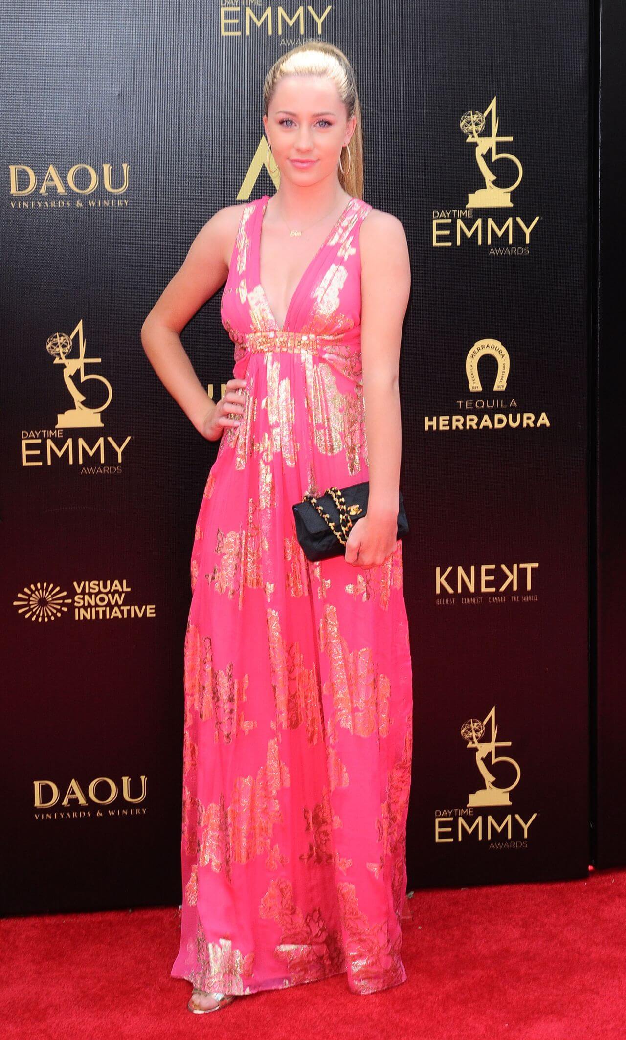 Eden McCoy In Pink Golden Printed Neckline Long Gown