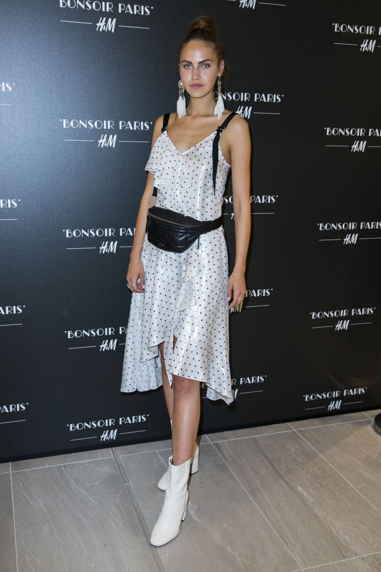 Elena Carriere  In White Polka Dot Ruffle Long Dress