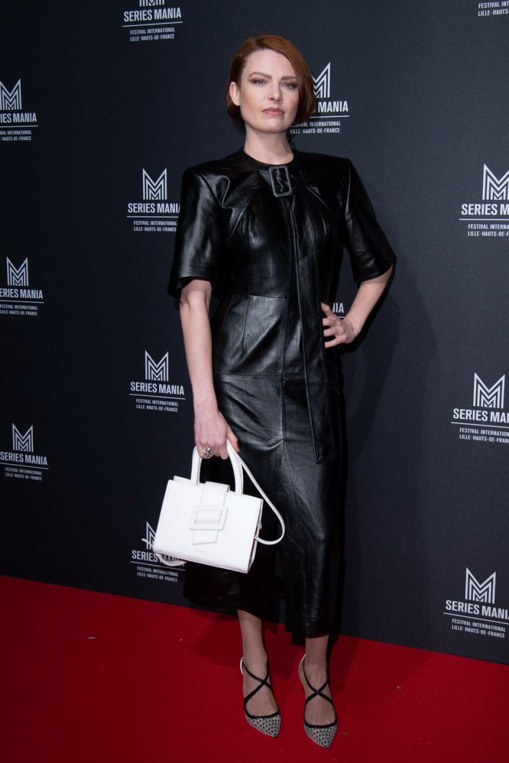 Elodie Frege In Black Leather Long Dress