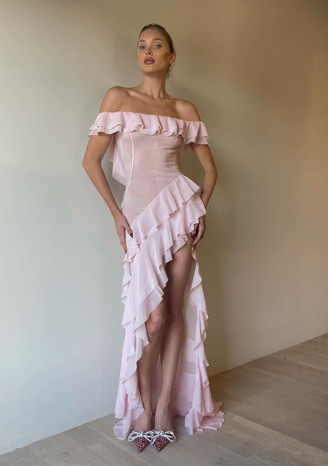 Elsa Hosk In Pink Off-Shoulder Long Ruffle Dress