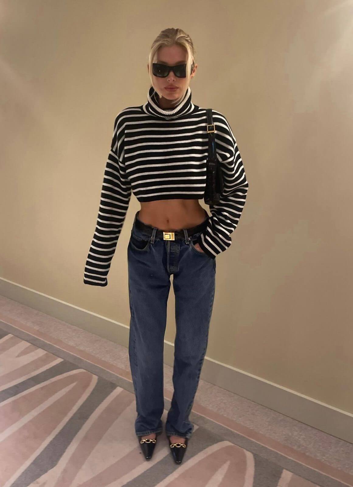 Elsa Hosk In Striped Woven Top With Jeans