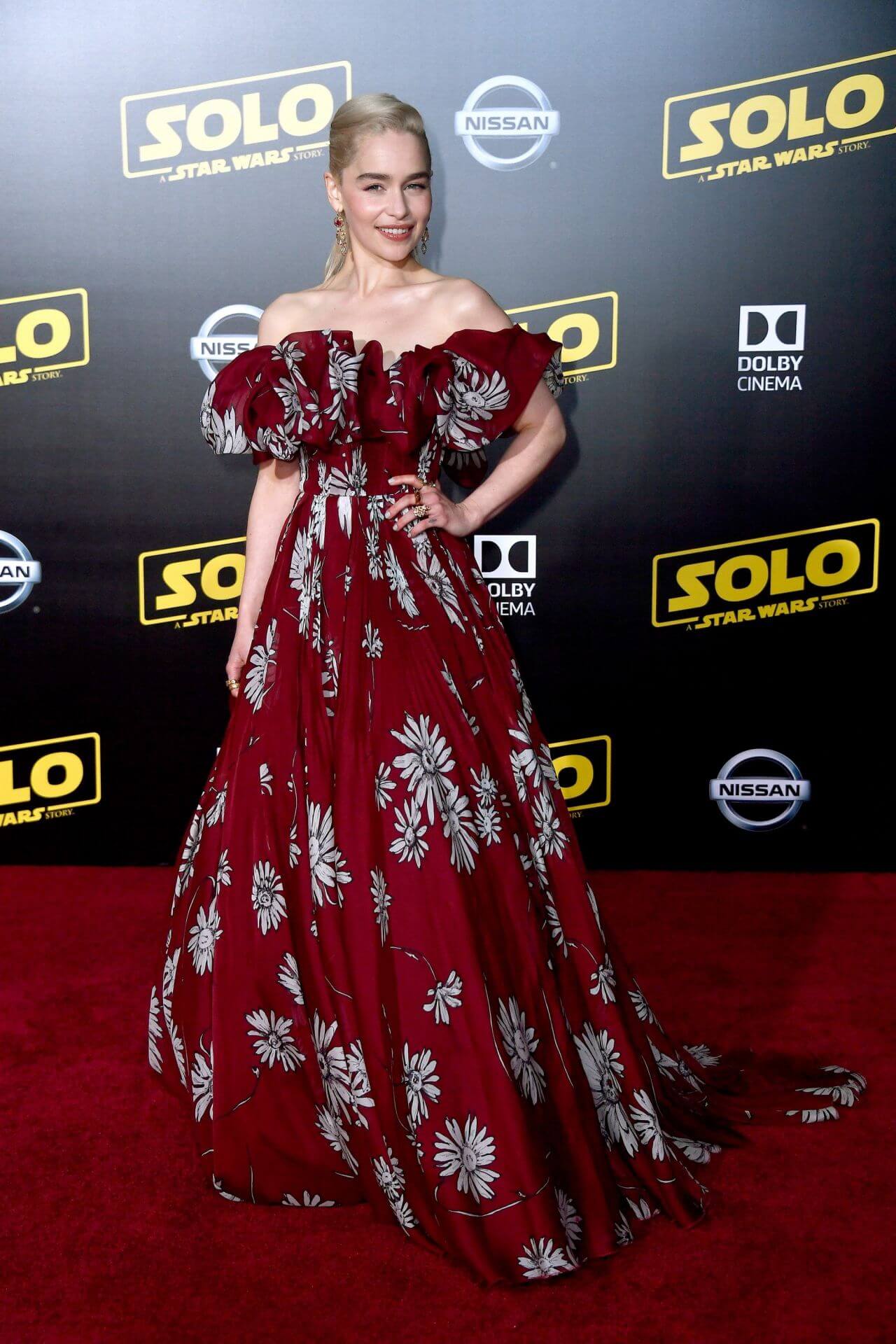 Emilia Clarke In Floral Print Strapless Long Flare Gown