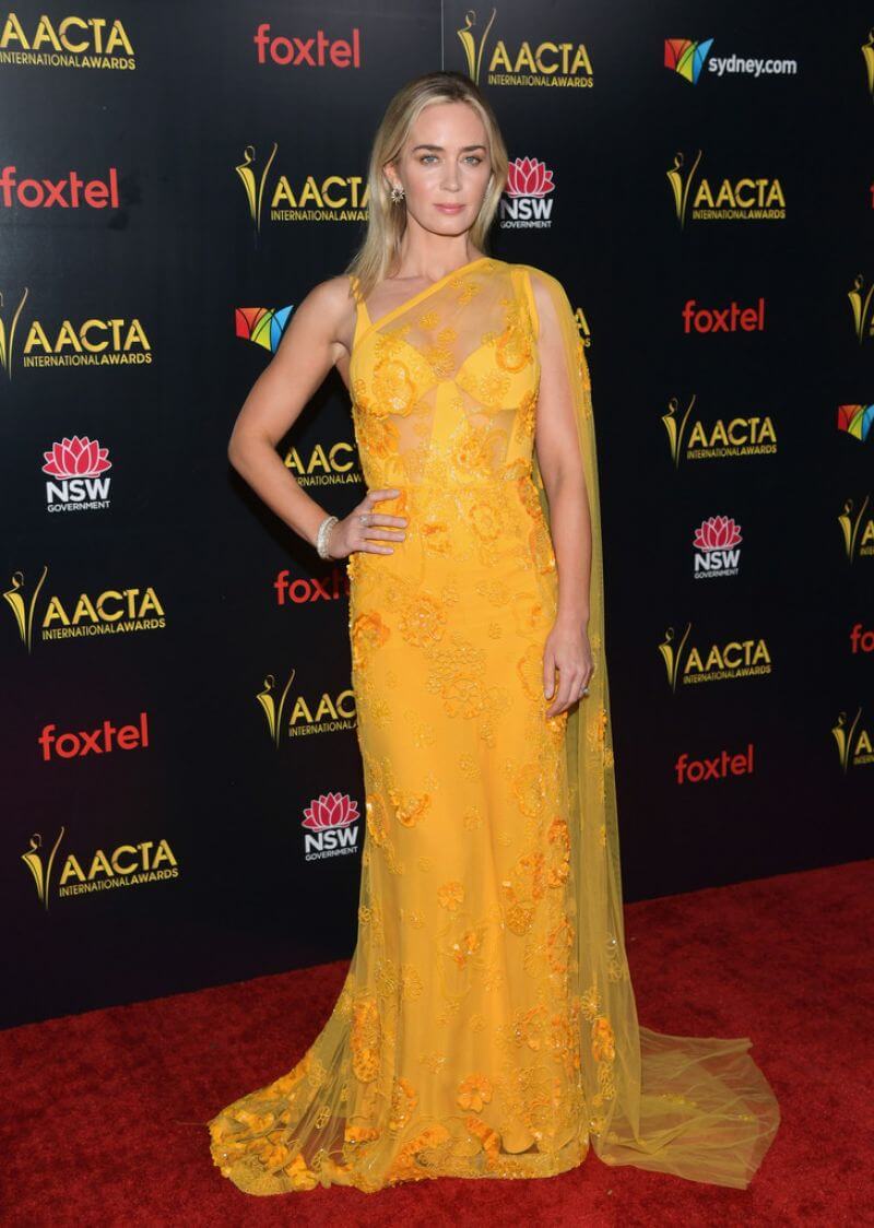 Emily Blunt In Yellow Draping Style Long Gown