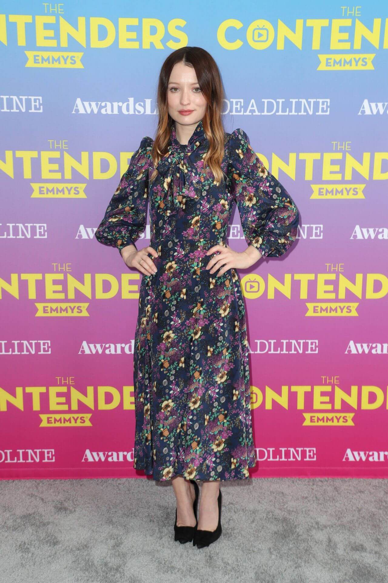 Emily Browning In Floral Print Long Dress