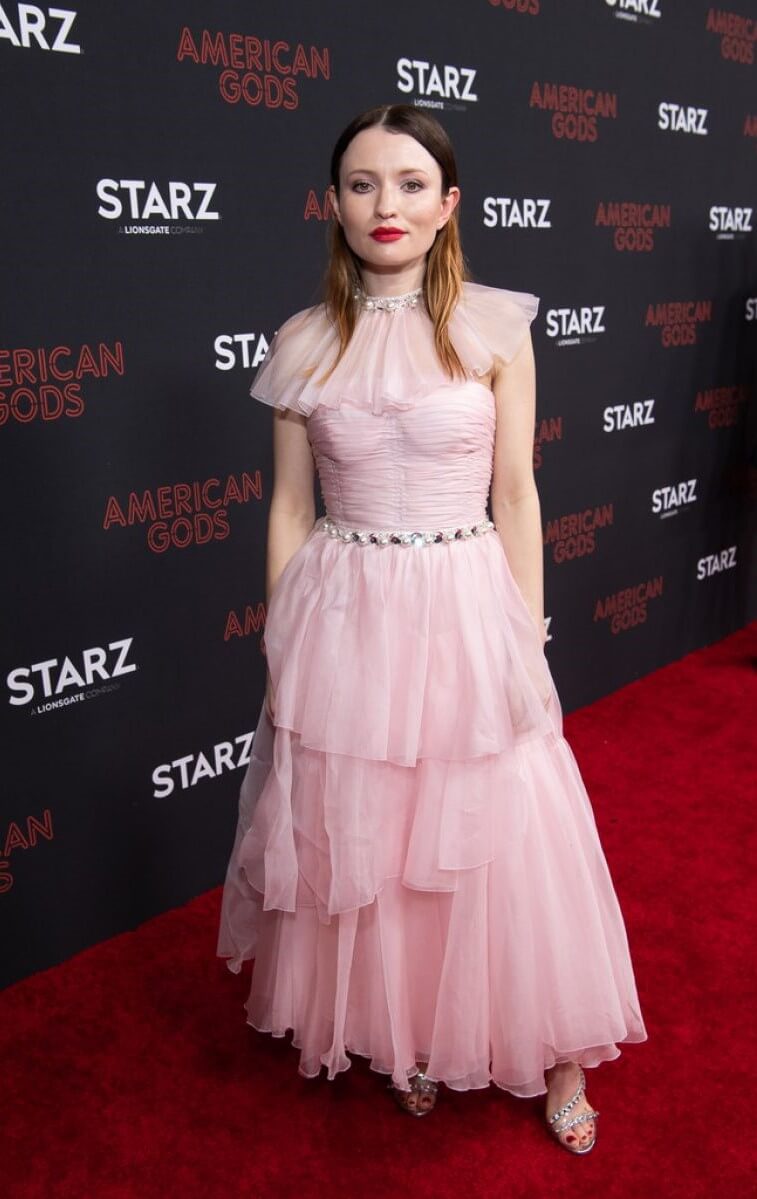 Emily Browning In Pink Sheering Frill Long Gown