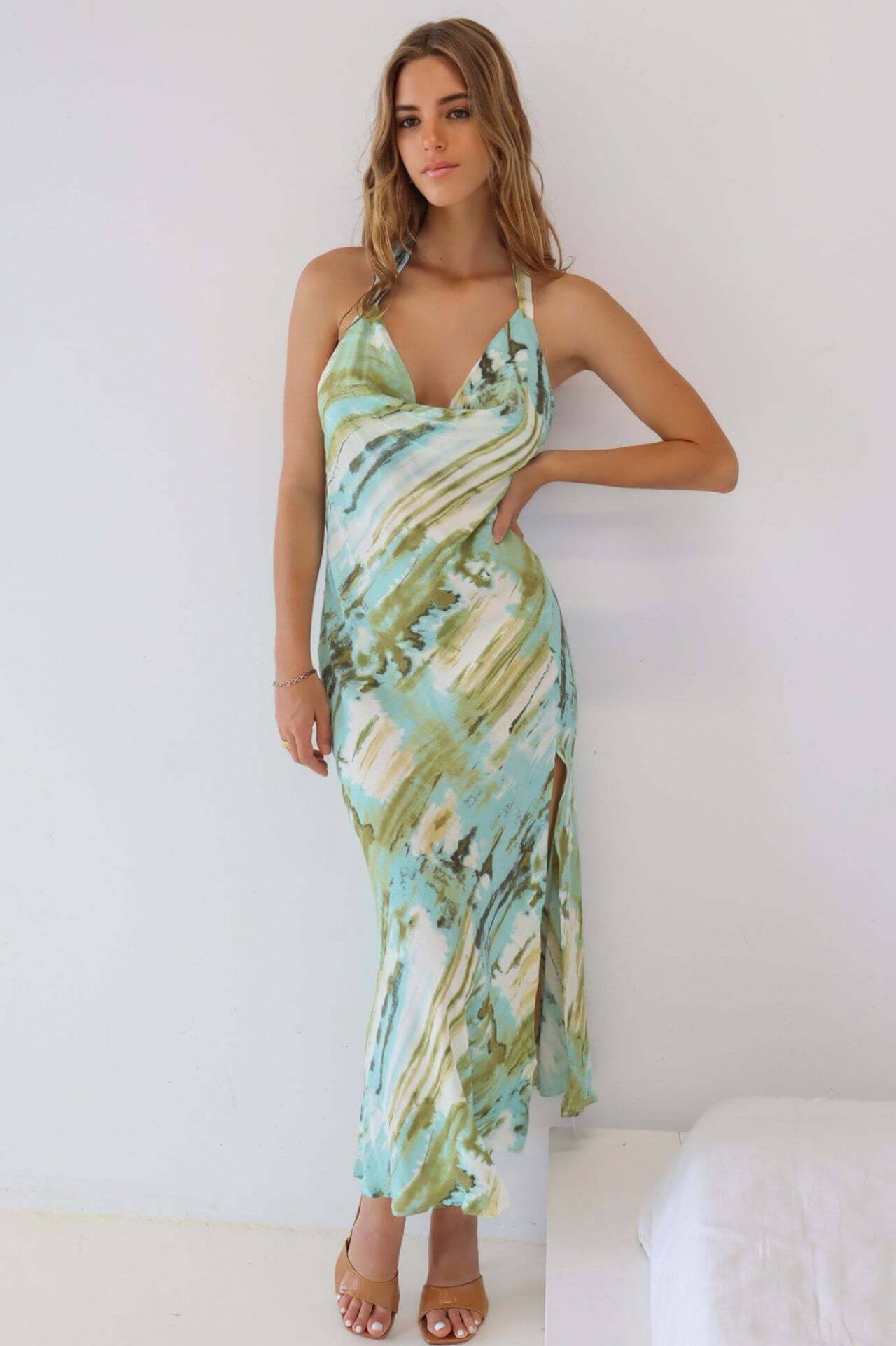 Emily Feld In Printed Slit Cut Long Dress