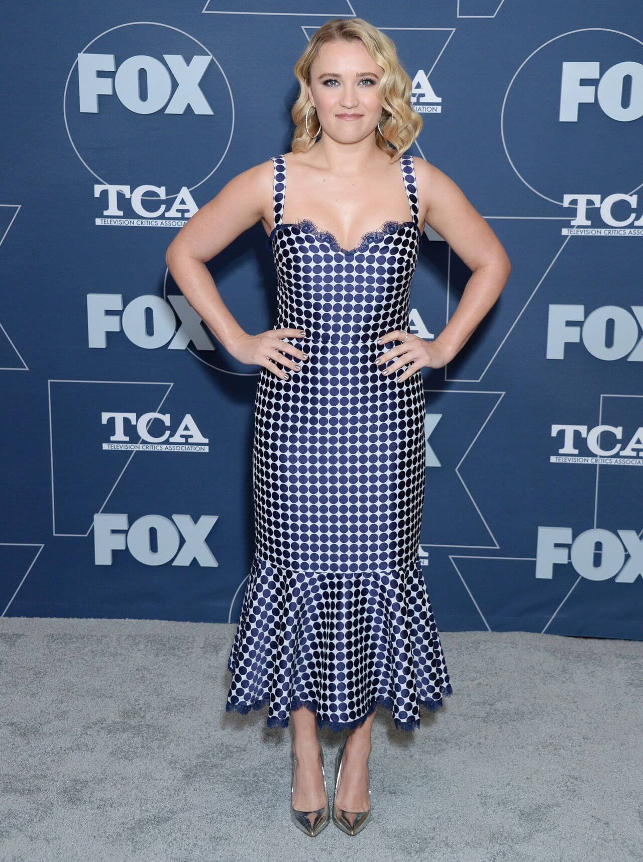 Emily Osment In Blue Checked Ruffle Long Dress