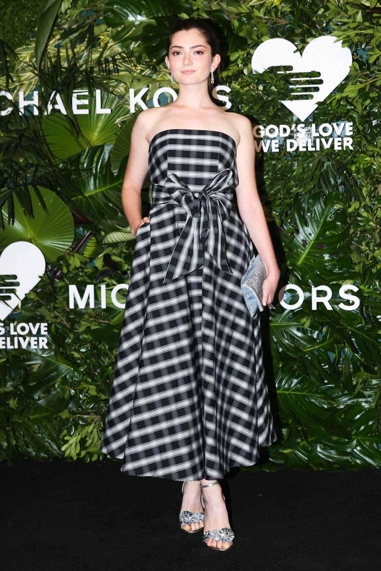 Emily Robinson In Black Checked Strapless Long Gown