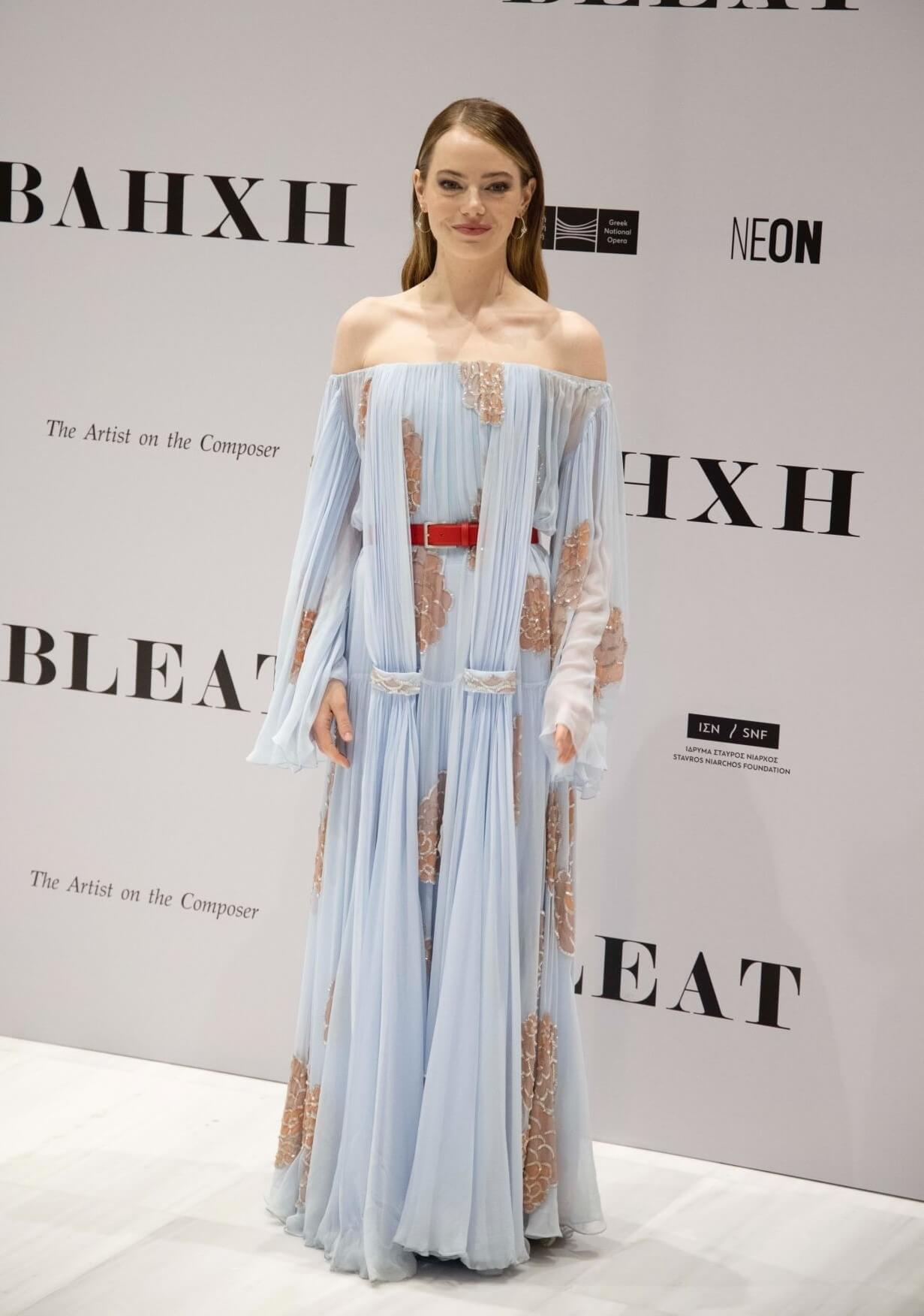 Emma Stone In Off Shoulder Sheering Long Flare Gown