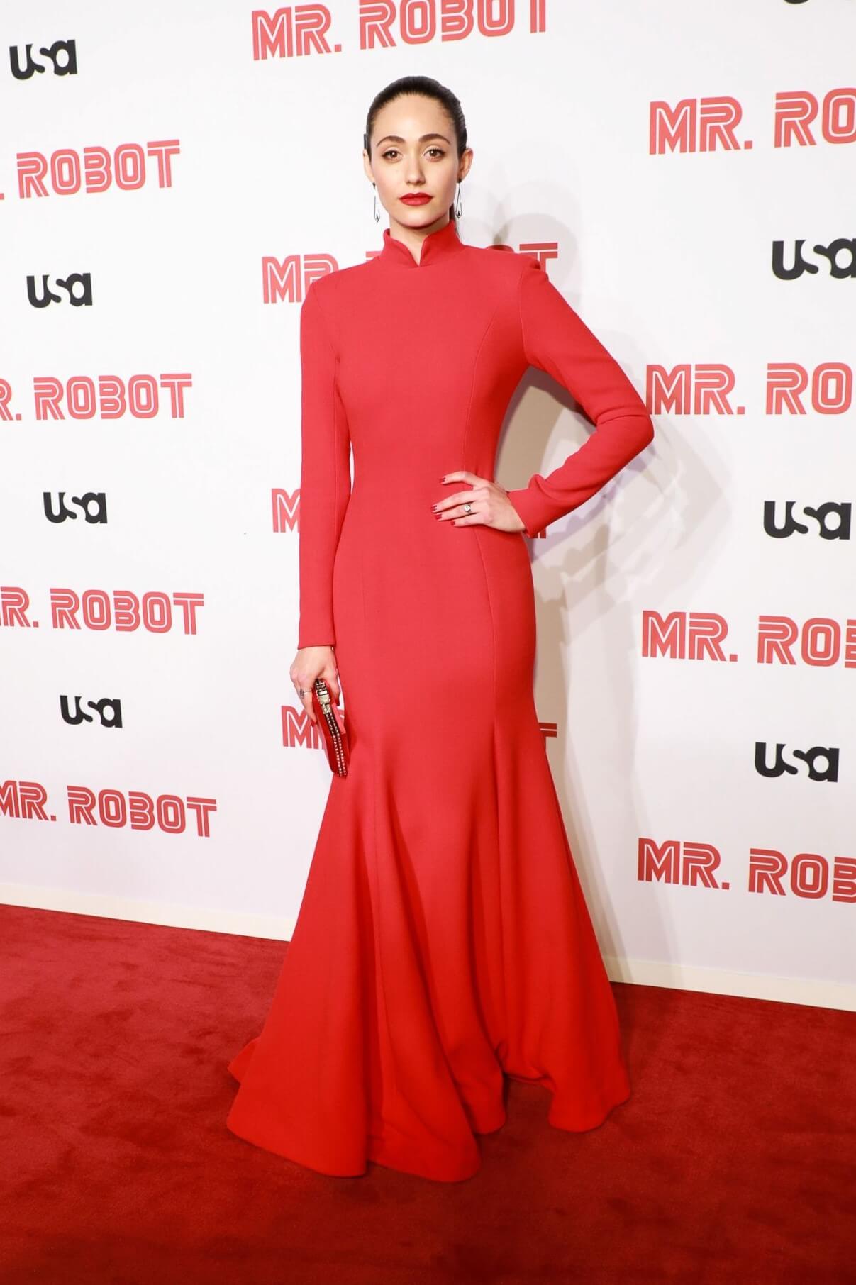 Emmy Rossum In Red Full Sleeves Long Gown