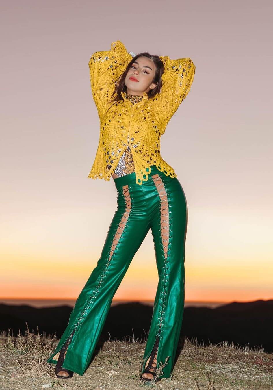 Enola Bedard In Yellow Mirror Work Top With Cut Out Pants
