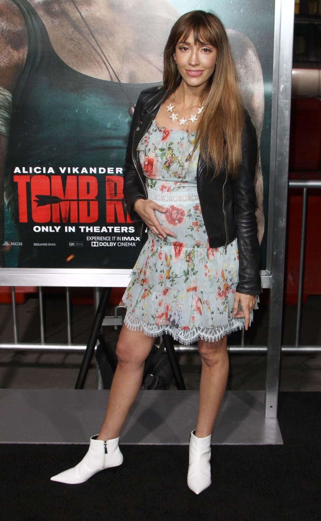 Fernanda Romero  In Floral Print Short Dress With Leather Jacket