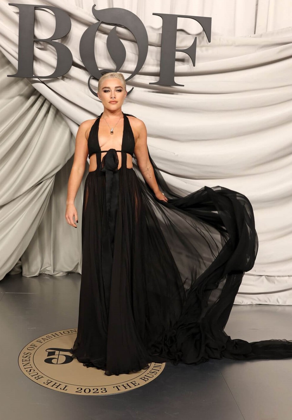 Florence Pugh In Black Neckline Long Flare Gown