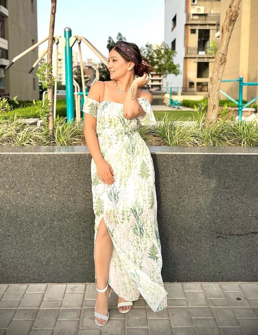 Khushi Punjaban In Printed Off-Shoulder Long Dress