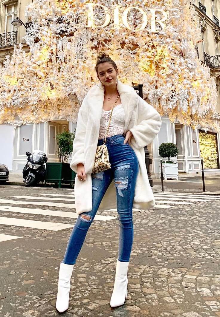 Lea Elui Ginet In White Cami Top And Fur Jacket With Ripped Jeans