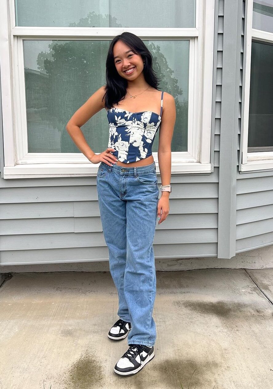 Nicole Laeno In Printed Cami Top With Denim Bottoms