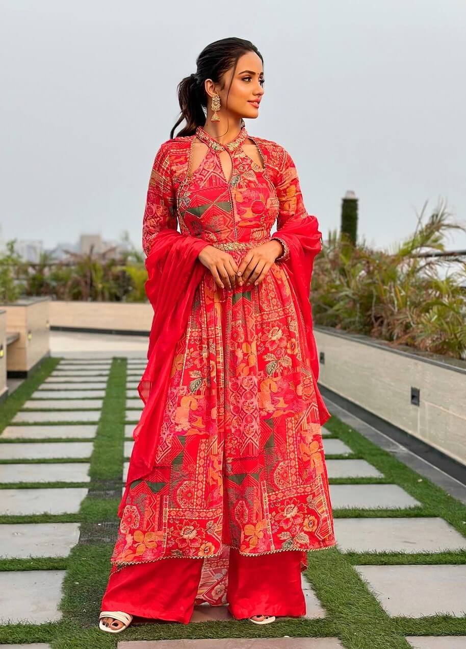 Nisha Guragain In a Red Printed Long Suit With Palazzo