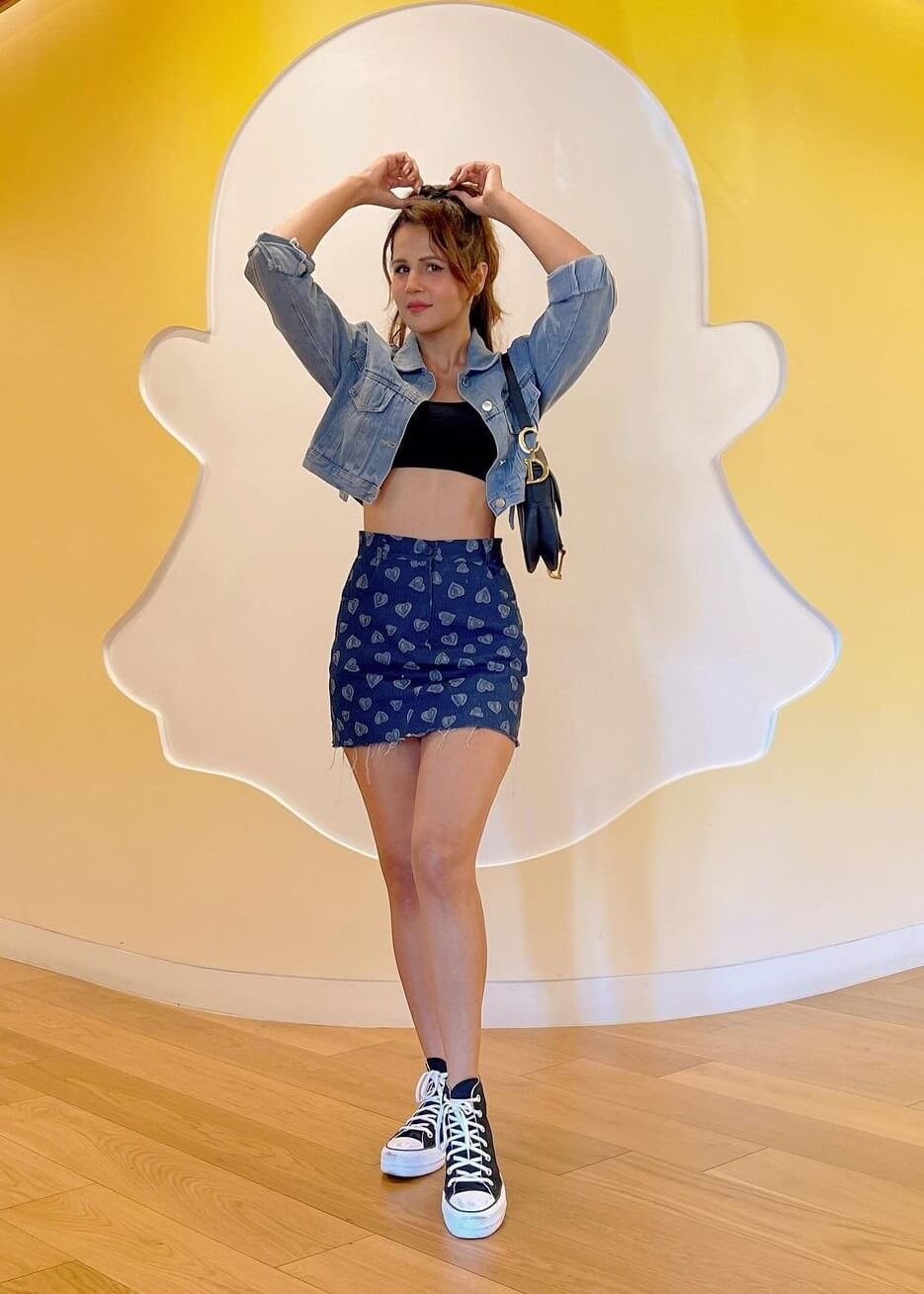 Radhika Bangia In Denim Short Jacket With Printed Mini Skirt