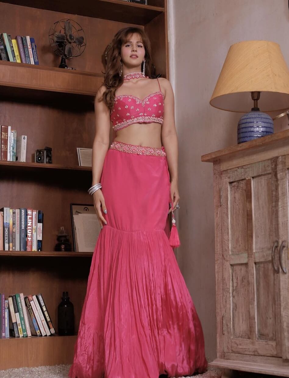 Radhika Bangia In Pink Shimmery Work Blouse With Ruffle Lehenga