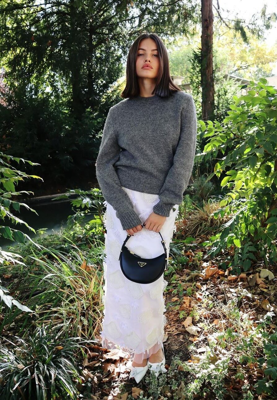 Thylane Blondeau In a White Patchwork Long Gown With Grey Sweater