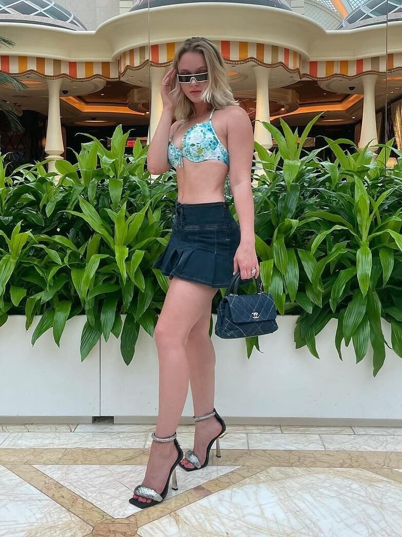 Zara Larsson In Bralette With Denim Mini Skirt