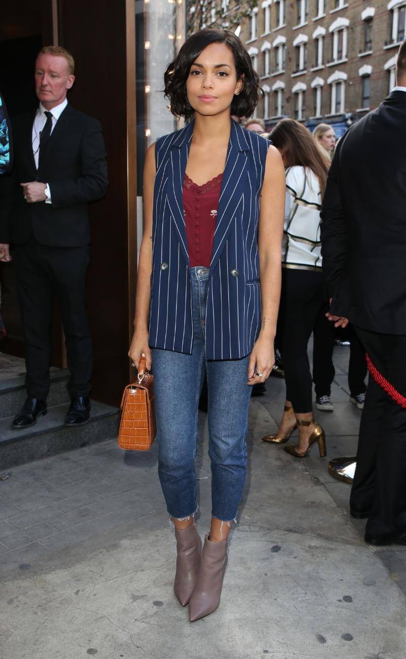 Georgina Campbell In a Blue Striped Long Blazer With Jeans