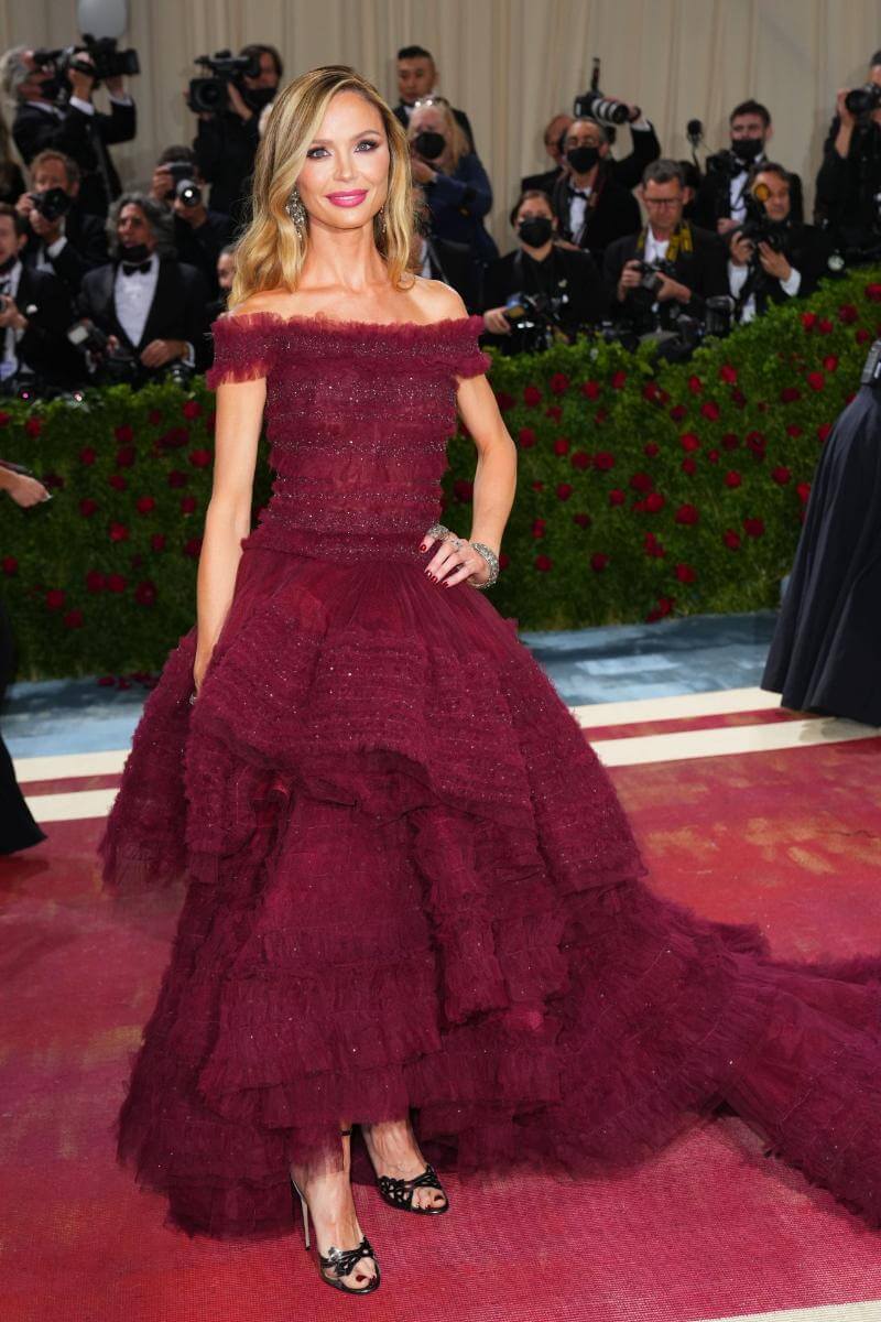 Georgina Chapman In Maroon Frill Long Flare Gown