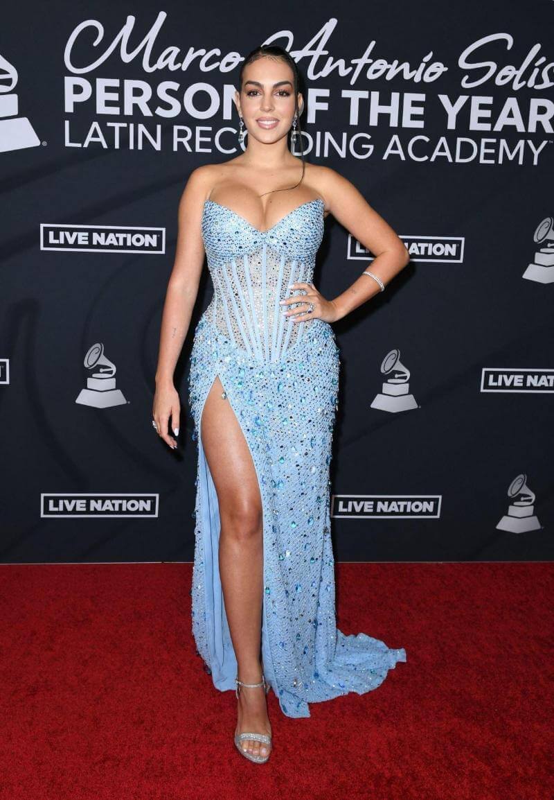 Georgina Rodriguez In Blue Sequence Work Slit Cut Long Gown