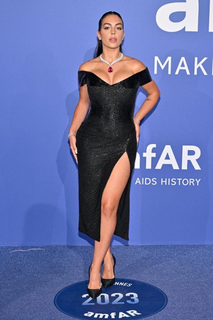 Georgina Rodriguez In a Black Shimmery Neckline Long Dress