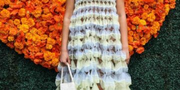 Geraldine Viswanathan In Ruffle Crochet Long Gown