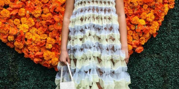 Geraldine Viswanathan In Ruffle Crochet Long Gown
