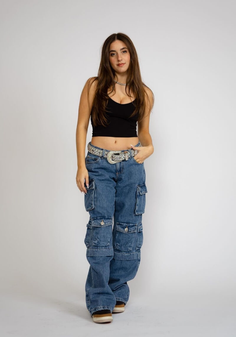 GiaNina Paolantonio In Black Crop Top With Cargo Jeans