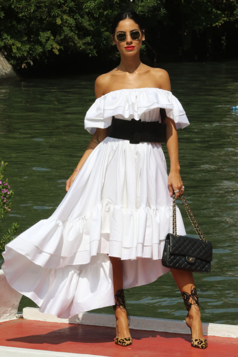 Giulia De Lellis In White Strapless Ruffle Long Dress