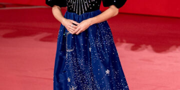 Gugu Mbatha Raw In Blue Shimmery Off-Shoulder Long Gown