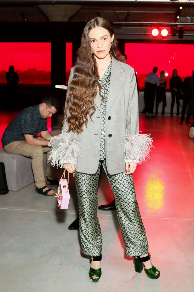 Hailey Gates  In Grey Fringe Blazer With Printed Pants