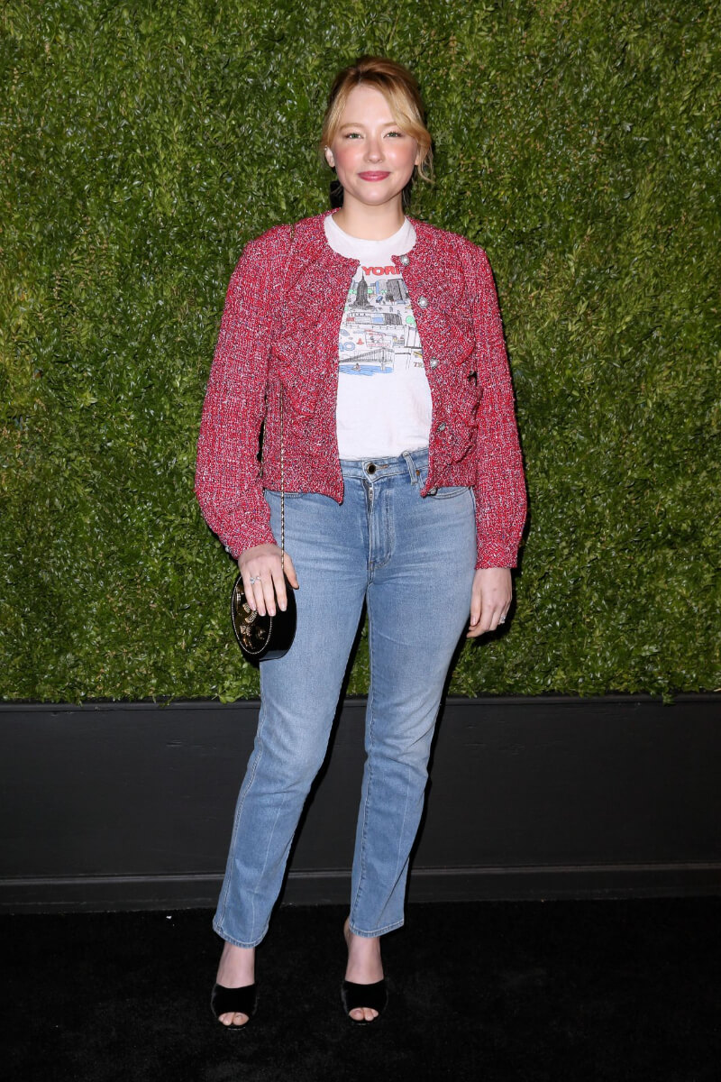 Haley Bennett In Woven Jacket Under Top With Denim Jeans
