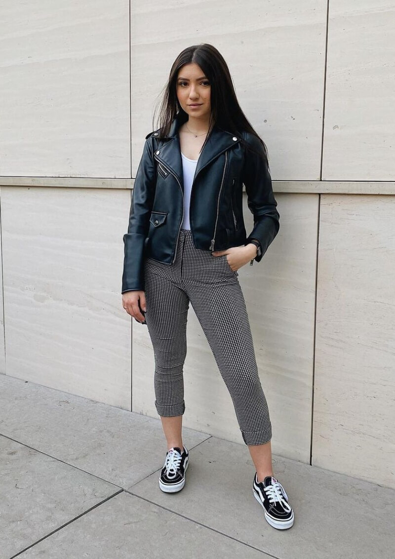Anna Clarz In Black Leather Jacket With Checked Pants
