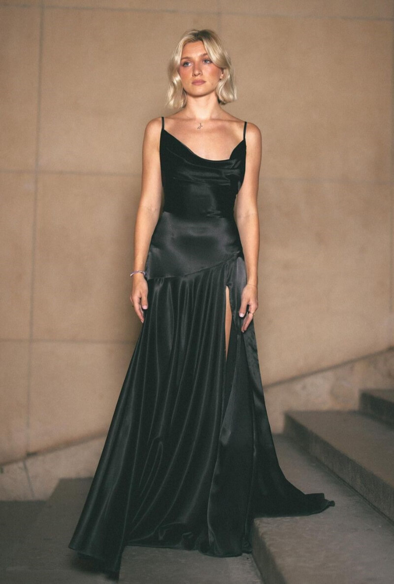 Anna x In Black Pleated Slit Cut Long Dress